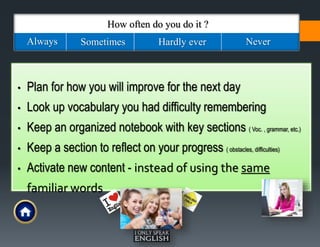 How often do you do it ?
Always Sometimes Hardly ever Never
• Plan for how you will improve for the next day
• Look up vocabulary you had difficulty remembering
• Keep an organized notebook with key sections ( Voc. , grammar, etc.)
• Keep a section to reflect on your progress ( obstacles, difficulties)
• Activate new content - instead of using the same
familiar words
 