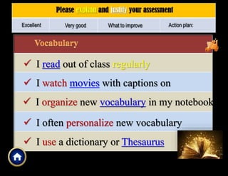  I read out of class regularly
 I watch movies with captions on
 I organize new vocabulary in my notebook
 I often personalize new vocabulary
 I use a dictionary or Thesaurus
 