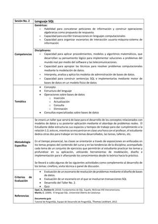 Sesión No. 2 Lenguaje SQL
Competencias
Genéricas:
- Habilidad para concatenar peticiones de información y construir operaciones
algebraicas como propuesta de respuesta.
- Capacidad para escribir transacciones en lenguajes computacionales
- Capacidad para organizar escenarios de interacción usuario-máquina-sistema de
información
Disciplinares:
- Capacidad para aplicar procedimientos, modelos y algoritmos matemáticos, que
desarrollan su pensamiento lógico para implementar soluciones a problemas del
mundo real por medio del software y las telecomunicaciones.
- Capacidad para apropiar las técnicas para resolver problemas computacionales
mediante la modelación de datos.
- Interpreta, analiza y aplica los modelos de administración de bases de datos.
- Capacidad para construir sentencias SQL e implementarlas mediante motor de
bases de datos en un modelo físico de datos
Temática
 Concepto
 Estructura del lenguaje
 Operaciones sobre bases de datos
o Inserción
o Actualización
o Consulta
o Eliminación
 Consultas especializadas sobre bases de datos
Metodología
Específica
Se creará un taller que servirá de base para el desarrollo de los conceptos relacionados con
modelos de datos y su posterior aplicación mediante el abordaje de problemas reales. El
Estudiante debe estructuras sus espacios y tiempos de trabajo para dar cumplimiento a la
relación 1:2; esto es, mientras se encuentran en clase una hora con el profesor, el estudiante
dedica otras dos para trabajar en los temas desarrollados, las tareas, talleres, etc.
En el tiempo presencial, las clases se orientarán a través de exposiciones en enfocadas en
los temas propios del contenido del curso y en las tendencias de la disciplina; acompañado
cada tema de un conjunto de ejercicios que permitirán al estudiante practicar los temas y
profundizar en su aplicación, utilizando herramientas de modelación, diseño e
implementación para ir afianzando los conocimientos desde lo teórico hacia lo práctico.
Se llevará a cabo algunas de las siguientes actividades como complemento al desarrollo de
los temas: cineforo, visita técnica o panel de discusión.
Criterios de
Evaluación
 Evaluación de un escenario de resolución de problemas mediante el diseño de bases
de datos.
 Evaluación de un escenario en el que se involucran transacciones SQL
 Desarrollo del Taller No. 2.
 Quiz
Referencias
Opel, A., Sheldon R. (2010). Fundamentos de SQL. España: McGraw-Hill Interamericana.
Martín, C. (2009). El lenguaje SQL. Universitat Oberta de Catalunya
Documento guía
Tutorial de PosgreSQL, Equipo de Desarrollo de PosgreSQL, Thomas Lockhart, 2012.
 