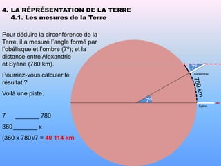 4. LA RÉPRÉSENTATION DE LA TERRE
   4.1. Les mesures de la Terre

Pour déduire la circonférence de la
Terre, il a mesuré l’angle formé par
l’obélisque et l’ombre (7º); et la
distance entre Alexandrie
et Syène (780 km).
                                            7º
Pourriez-vous calculer le                   Alexandrie


résultat ?
Voilà une piste.
                                       7º
                                                 Syène


7   _______ 780
360 _______ x
(360 x 780)/7 = 40 114 km
 
