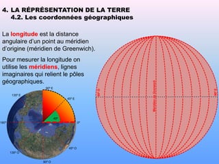 4. LA RÉPRÉSENTATION DE LA TERRE
    4.2. Les coordonnées géographiques

 La longitude est la distance
 angulaire d’un point au méridien
 d’origine (méridien de Greenwich).
 Pour mesurer la longitude on
 utilise les méridiens, lignes
 imaginaires qui relient le pôles
 géographiques.




                                                      Méridien de Grenwich
                  90º E




                                                                             90º E
                                              90º O
        135º E
                                45º E




                          45º
180º                                     0º




                                 45º O
       135º O


                 90º O
 