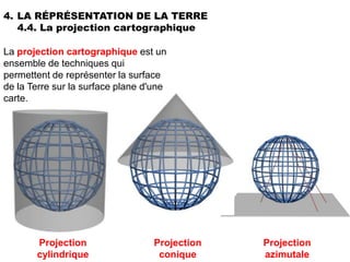 4. LA RÉPRÉSENTATION DE LA TERRE
   4.4. La projection cartographique

La projection cartographique est un
ensemble de techniques qui
permettent de représenter la surface
de la Terre sur la surface plane d'une
carte.




       Projection                  Projection   Projection
       cylindrique                  conique     azimutale
 