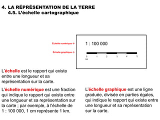 4. LA RÉPRÉSENTATION DE LA TERRE
   4.5. L’échelle cartographique




                           Échelle numérique    1 : 100 000
                           Échelle graphique 
                                                  0   1     2    3    4     5
                                                 km




L’échelle est le rapport qui existe
entre une longueur et sa
représentation sur la carte.
L’échelle numérique est une fraction             L’échelle graphique est une ligne
qui indique le rapport qui existe entre          graduée, divisée en parties égales,
une longueur et sa représentation sur            qui indique le rapport qui existe entre
la carte ; par exemple, à l'échelle de           une longueur et sa représentation
1 : 100 000, 1 cm représente 1 km.               sur la carte.
 