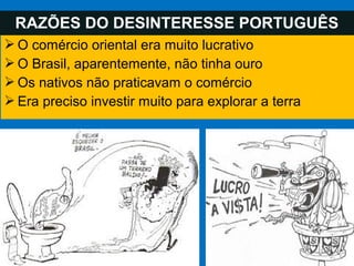  O comércio oriental era muito lucrativo
 O Brasil, aparentemente, não tinha ouro
 Os nativos não praticavam o comércio
 Era preciso investir muito para explorar a terra
RAZÕES DO DESINTERESSE PORTUGUÊS
 