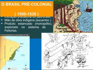  Extração predatória do pau-brasil.
 Mão de obra indígena (escambo )
 Produto estancado (monopólio),
explorado no sistema de
Feitorias.
O BRASIL PRÉ-COLONIAL
( 1500-1530 )
 