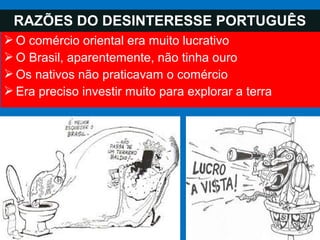  O comércio oriental era muito lucrativo
 O Brasil, aparentemente, não tinha ouro
 Os nativos não praticavam o comércio
 Era preciso investir muito para explorar a terra
RAZÕES DO DESINTERESSE PORTUGUÊS
 