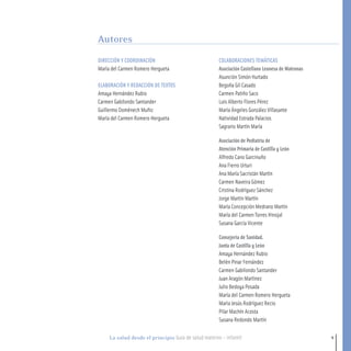 9La salud desde el principio Guía de salud materno - infantil
DIRECCIÓN Y COORDINACIÓN
María del Carmen Romero Hergueta
ELABORACIÓN Y REDACCIÓN DE TEXTOS
Amaya Hernández Rubio
Carmen Gabilondo Santander
Guillermo Doménech Muñiz
María del Carmen Romero Hergueta
COLABORACIONES TEMÁTICAS
Asociación Castellano Leonesa de Matronas
Asunción Simón Hurtado
Begoña Gil Casado
Carmen Patiño Saco
Luis Alberto Flores Pérez
María Ángeles González Villasante
Natividad Estrada Palacios
Sagrario Martín María
Asociación de Pediatría de
Atención Primaria de Castilla y León
Alfredo Cano Garcinuño
Ana Fierro Urturi
Ana María Sacristán Martín
Carmen Naveira Gómez
Cristina Rodríguez Sánchez
Jorge Martín Martín
María Concepción Medrano Martín
María del Carmen Torres Hinojal
Susana García Vicente
Consejería de Sanidad.
Junta de Castilla y León
Amaya Hernández Rubio
Belén Pinar Fernández
Carmen Gabilondo Santander
Juan Aragón Martínez
Julio Bedoya Posada
María del Carmen Romero Hergueta
María Jesús Rodríguez Recio
Pilar Machín Acosta
Susana Redondo Martín
Autores
1-15 salud.qxd:-00 indice_guia_embara_ok 4.qxd 18/6/08 08:31 Página 9
 