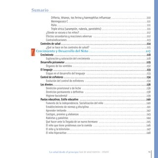 13La salud desde el principio Guía de salud materno - infantil
Difteria, tétanos, tos ferina y haemophilus influenzae . . . . . . . . . . . . . . . . . . . . . . . . .110
Meningococo C . . . . . . . . . . . . . . . . . . . . . . . . . . . . . . . . . . . . . . . . . . . . . . . . . . . . . . .111
Polio . . . . . . . . . . . . . . . . . . . . . . . . . . . . . . . . . . . . . . . . . . . . . . . . . . . . . . . . . . . . . . .111
Triple vírica (sarampión, rubeola, parotiditis) . . . . . . . . . . . . . . . . . . . . . . . . . . . . . . . .111
¿Dónde se vacuna a los niños? . . . . . . . . . . . . . . . . . . . . . . . . . . . . . . . . . . . . . . . . . . . . . . . . .112
Efectos secundarios y reacciones adversas . . . . . . . . . . . . . . . . . . . . . . . . . . . . . . . . . . . . . . .112
Contraindicaciones . . . . . . . . . . . . . . . . . . . . . . . . . . . . . . . . . . . . . . . . . . . . . . . . . . . . . . . . . .113
Controles de salud . . . . . . . . . . . . . . . . . . . . . . . . . . . . . . . . . . . . . . . . . . . . . . . . . . . . . . . . . . . . . . . .114
¿Qué se hace en los controles de salud? . . . . . . . . . . . . . . . . . . . . . . . . . . . . . . . . . . . . . . . . .115
Crecimiento y Desarrollo del Niño . . . . . . . . . . . . . . . . . . . . . . . . . . . . . . . . . . . . .117
Crecimiento . . . . . . . . . . . . . . . . . . . . . . . . . . . . . . . . . . . . . . . . . . . . . . . . . . . . . . . . . . . . . . . . . . . . .118
Exploración y valoración del crecimiento . . . . . . . . . . . . . . . . . . . . . . . . . . . . . . . . . . . . . . . . .118
Desarrollo psicomotor . . . . . . . . . . . . . . . . . . . . . . . . . . . . . . . . . . . . . . . . . . . . . . . . . . . . . . . . . . . . .129
Órganos de los sentidos . . . . . . . . . . . . . . . . . . . . . . . . . . . . . . . . . . . . . . . . . . . . . . . . . . . . . .132
El lenguaje . . . . . . . . . . . . . . . . . . . . . . . . . . . . . . . . . . . . . . . . . . . . . . . . . . . . . . . . . . . . . . . . . . . . . .133
Etapas en el desarrollo del lenguaje . . . . . . . . . . . . . . . . . . . . . . . . . . . . . . . . . . . . . . . . . . . .133
Control de esfínteres . . . . . . . . . . . . . . . . . . . . . . . . . . . . . . . . . . . . . . . . . . . . . . . . . . . . . . . . . . . . . .134
Evolución del control de esfínteres . . . . . . . . . . . . . . . . . . . . . . . . . . . . . . . . . . . . . . . . . . . . .134
Los dientes . . . . . . . . . . . . . . . . . . . . . . . . . . . . . . . . . . . . . . . . . . . . . . . . . . . . . . . . . . . . . . . . . . . . . .136
Dentición provisional o de leche . . . . . . . . . . . . . . . . . . . . . . . . . . . . . . . . . . . . . . . . . . . . . . .136
Dentición permanente o definitiva . . . . . . . . . . . . . . . . . . . . . . . . . . . . . . . . . . . . . . . . . . . . .138
Higiene bucodental . . . . . . . . . . . . . . . . . . . . . . . . . . . . . . . . . . . . . . . . . . . . . . . . . . . . . . . . .139
Pautas educativas. Estilo educativo . . . . . . . . . . . . . . . . . . . . . . . . . . . . . . . . . . . . . . . . . . . . . . . . . .140
Fomento de la independencia. Socialización del niño . . . . . . . . . . . . . . . . . . . . . . . . . . . . . . .140
Establecimiento de normas y disciplina . . . . . . . . . . . . . . . . . . . . . . . . . . . . . . . . . . . . . . . . . .141
Aprender imitando . . . . . . . . . . . . . . . . . . . . . . . . . . . . . . . . . . . . . . . . . . . . . . . . . . . . . . . . . .142
Castigos, premios y alabanzas . . . . . . . . . . . . . . . . . . . . . . . . . . . . . . . . . . . . . . . . . . . . . . . . .143
Rabietas y pataletas . . . . . . . . . . . . . . . . . . . . . . . . . . . . . . . . . . . . . . . . . . . . . . . . . . . . . . . .144
Qué hacer ante la llegada de un nuevo hermano . . . . . . . . . . . . . . . . . . . . . . . . . . . . . . . . . . .145
El niño que tiene problemas con la comida . . . . . . . . . . . . . . . . . . . . . . . . . . . . . . . . . . . . . . .146
El niño y la televisión . . . . . . . . . . . . . . . . . . . . . . . . . . . . . . . . . . . . . . . . . . . . . . . . . . . . . . . .147
El niño hiperactivo . . . . . . . . . . . . . . . . . . . . . . . . . . . . . . . . . . . . . . . . . . . . . . . . . . . . . . . . . .148
Sumario
1-15 salud.qxd:-00 indice_guia_embara_ok 4.qxd 18/6/08 08:31 Página 13
 