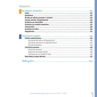 15La salud desde el principio Guía de salud materno - infantil
Accidentes Infantiles: . . . . . . . . . . . . . . . . . . . . . . . . . . . . . . . . . . . . . . . . . . . . . . . .181
Caídas . . . . . . . . . . . . . . . . . . . . . . . . . . . . . . . . . . . . . . . . . . . . . . . . . . . . . . . . . . . . . . . . . . . . . . . . .182
Quemaduras . . . . . . . . . . . . . . . . . . . . . . . . . . . . . . . . . . . . . . . . . . . . . . . . . . . . . . . . . . . . . . . . . . . . .183
Heridas por objetos punzantes o cortantes . . . . . . . . . . . . . . . . . . . . . . . . . . . . . . . . . . . . . . . . . . . . .184
Cuerpos extraños. Atragantamiento . . . . . . . . . . . . . . . . . . . . . . . . . . . . . . . . . . . . . . . . . . . . . . . . . .185
Accidentes por electricidad . . . . . . . . . . . . . . . . . . . . . . . . . . . . . . . . . . . . . . . . . . . . . . . . . . . . . . . . .186
Accidentes por animales domésticos . . . . . . . . . . . . . . . . . . . . . . . . . . . . . . . . . . . . . . . . . . . . . . . . . .187
Intoxicaciones . . . . . . . . . . . . . . . . . . . . . . . . . . . . . . . . . . . . . . . . . . . . . . . . . . . . . . . . . . . . . . . . . . .188
Accidentes de tráfico . . . . . . . . . . . . . . . . . . . . . . . . . . . . . . . . . . . . . . . . . . . . . . . . . . . . . . . . . . . . . .189
Ahogamientos . . . . . . . . . . . . . . . . . . . . . . . . . . . . . . . . . . . . . . . . . . . . . . . . . . . . . . . . . . . . . . . . . . .191
Cuestiones Legales . . . . . . . . . . . . . . . . . . . . . . . . . . . . . . . . . . . . . . . . . . . . . . . . . . .193
Trámites administrativos . . . . . . . . . . . . . . . . . . . . . . . . . . . . . . . . . . . . . . . . . . . . . . . . . . . . . . . . . . .194
Inscripción del niño en el Registro Civil . . . . . . . . . . . . . . . . . . . . . . . . . . . . . . . . . . . . . . . . . .194
Inscripción del niño en la Seguridad Social . . . . . . . . . . . . . . . . . . . . . . . . . . . . . . . . . . . . . . .194
Elección de Pediatra . . . . . . . . . . . . . . . . . . . . . . . . . . . . . . . . . . . . . . . . . . . . . . . . . . . . . . . . .194
Solicitud de permisos . . . . . . . . . . . . . . . . . . . . . . . . . . . . . . . . . . . . . . . . . . . . . . . . . . . . . . . . . . . . .195
Permiso de lactancia . . . . . . . . . . . . . . . . . . . . . . . . . . . . . . . . . . . . . . . . . . . . . . . . . . . . . . . .195
Reducción de jornada laboral . . . . . . . . . . . . . . . . . . . . . . . . . . . . . . . . . . . . . . . . . . . . . . . . . .196
Excedencia por el cuidado de hijos . . . . . . . . . . . . . . . . . . . . . . . . . . . . . . . . . . . . . . . . . . . . .196
Maternidad y riesgos laborales . . . . . . . . . . . . . . . . . . . . . . . . . . . . . . . . . . . . . . . . . . . . . . . . . . . . . .197
Bibliografía . . . . . . . . . . . . . . . . . . . . . . . . . . . . . . . . . . . . . . . . . . . . . . . . . . . . . . . . . .200
Sumario
indice pagina 15 nov 2012.qxd:-00 indice_guia_embara_ok 4.qxd 19/11/12 12:55 Página 15
 
