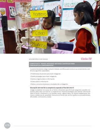 Cuando el estudiante indaga mediante métodos científicos para construir sus conocimientos, com-
bina las siguientes capacidades:
• Problematiza situaciones para hacer indagación.
• Diseña estrategias para hacer indagación.
• Genera y registra datos e información.
• Analiza datos e información .
• Evalúa y comunica el proceso y resultados de su indagación.
Descripción del nivel de la competencia esperado al final del ciclo IV
Indaga al establecer las causas de un hecho o fenómeno para formular preguntas y posibles res-
puestas sobre estos con base en sus experiencias. Propone estrategias para obtener información
sobre el hecho o fenómeno y sus posibles causas, registra datos, los analiza estableciendo rela-
ciones y evidencias de causalidad. Comunica en forma oral, escrita o gráfica sus procedimientos,
dificultades, conclusiones y dudas.
Ciclo IV
DESEMPEÑOS POR GRADO
COMPETENCIA “INDAGA MEDIANTE MÉTODOS CIENTÍFICOS PARA
CONSTRUIR SUS CONOCIMIENTOS”
278
 