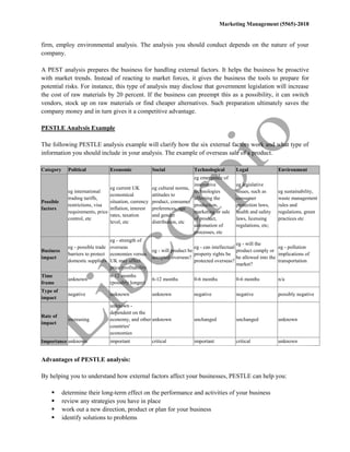 Marketing Management (5565)-2018
firm, employ environmental analysis. The analysis you should conduct depends on the nature of your
company.
A PEST analysis prepares the business for handling external factors. It helps the business be proactive
with market trends. Instead of reacting to market forces, it gives the business the tools to prepare for
potential risks. For instance, this type of analysis may disclose that government legislation will increase
the cost of raw materials by 20 percent. If the business can preempt this as a possibility, it can switch
vendors, stock up on raw materials or find cheaper alternatives. Such preparation ultimately saves the
company money and in turn gives it a competitive advantage.
PESTLE Analysis Example
The following PESTLE analysis example will clarify how the six external factors work and what type of
information you should include in your analysis. The example of overseas sale of a product.
Category Political Economic Social Technological Legal Environment
Possible
factors
eg international
trading tariffs,
restrictions, visa
requirements, price
control, etc
eg current UK
economical
situation, currency
inflation, interest
rates, taxation
level, etc
eg cultural norms,
attitudes to
product, consumer
preferences, age
and gender
distribution, etc
eg emergence of
innovative
technologies
affecting the
production,
marketing or sale
of product,
automation of
processes, etc
eg legislative
issues, such as
consumer
protection laws,
health and safety
laws, licensing
regulations, etc;
eg sustainability,
waste management
rules and
regulations, green
practices etc
Business
impact
eg - possible trade
barriers to protect
domestic suppliers
eg - strength of
overseas
economies versus
UK may affect
price/profitability
eg - will product be
accepted overseas?
eg - can intellectual
property rights be
protected overseas?
eg - will the
product comply or
be allowed into the
market?
eg - pollution
implications of
transportation
Time
frame
unknown
6-12 months
(possibly longer)
6-12 months 0-6 months 0-6 months n/a
Type of
impact
negative unknown unknown negative negative possibly negative
Rate of
impact
increasing
unknown -
dependent on the
economy, and other
countries'
economies
unknown unchanged unchanged unknown
Importance unknown important critical important critical unknown
Advantages of PESTLE analysis:
By helping you to understand how external factors affect your businesses, PESTLE can help you:
 determine their long-term effect on the performance and activities of your business
 review any strategies you have in place
 work out a new direction, product or plan for your business
 identify solutions to problems
 