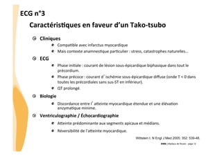 ECG	
  n°3	
  
Caractéris3ques	
  en	
  faveur	
  d’un	
  Tako-­‐tsubo	
  
"   Cliniques	
  
"   CompaGble	
  avec	
  infarctus	
  myocardique	
  
"   Mais	
  contexte	
  anamnesGque	
  parGculier	
  :	
  stress,	
  catastrophes	
  naturelles…	
  

"   ECG	
  
"   Phase	
  iniGale	
  :	
  courant	
  de	
  lésion	
  sous-­‐épicardique	
  biphasique	
  dans	
  tout	
  le	
  
précordium.	
  
"   Phase	
  précoce	
  :	
  courant	
  d’ischémie	
  sous-­‐épicardique	
  diﬀuse	
  (onde	
  T	
  <	
  0	
  dans	
  
toutes	
  les	
  précordiales	
  sans	
  sus-­‐ST	
  en	
  inférieur).	
  
"   QT	
  prolongé.	
  

"   Biologie	
  
"   Discordance	
  entre	
  l’aveinte	
  myocardique	
  étendue	
  et	
  une	
  élévaGon	
  
enzymaGque	
  minime.	
  

"   Ventriculographie	
  /	
  Échocardiographie	
  
"   Aveinte	
  prédominante	
  aux	
  segments	
  apicaux	
  et	
  médians.	
  
"   Réversibilité	
  de	
  l’aveinte	
  myocardique.	
  
Wittstein I. N Engl J Med 2005; 352: 539-48.
CHU_Hôpitaux de Rouen - page 12

 