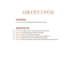 Describir las características generales del Renacimiento Italiano.
GENERAL
Mencionar los siglos en que se desarrolla este período de la historia.
Resumir la características de esta etapa de la humanidad.
Explicar la esencia de la filosofía del renacimiento.
Organizar según las períodos históricos: Quattrocento y Cinquecento.
Exponer las ramas artísticas que se desarrollaron en estas etapas.
Resumir el trabajo de exponentes representativos del renacimiento (Leonardo daVinci)
ESPECÍFICOS
01
02
03
04
05
06
OBJETIVOS
 