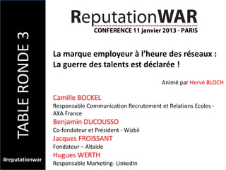 TABLE RONDE 3
                    La marque employeur à l’heure des réseaux :
                    La guerre des talents est déclarée !
                                                           Animé par Hervé BLOCH

                    Camille BOCKEL
                    Responsable Communication Recrutement et Relations Ecoles -
                    AXA France
                    Benjamin DUCOUSSO
                    Co-fondateur et Président - Wizbii
                    Jacques FROISSANT
                    Fondateur – Altaïde
                    Hugues WERTH
#reputationwar
                    Responsable Marketing- LinkedIn
 