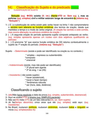 100
14) Classificação do Sujeito e do predicado ↑ Sumário
II- CLASSIFICAÇÃO DE SUJEITO
Solução (suj. OD) existia (V. int.) (havia-VTD or. Sem suj. ), mas as
polícias (suj. simples) civil e militar estavam longe de encontrá-la.(retoma suj.
“Solução”)
1- ( E ) a substituição do verbo existir pelo verbo haver na linha 1 não comprometeria
o sentido nem alteraria as funções sintáticas dos termos da oração, desde que
mantidos o tempo e o modo do verbo original. (A oração faz sentido e está correta,
mas ocorre alteração na estrutura sintática da oração. )
2- ( ) A segunda oração do período apresenta sujeito composto anteposto ao verbo.
(suj. simples apresenta apenas um núcleo com dois adjetivos qualificando as
polícias)
3- ( ) O pronome “lá” que exerce função sintática de OD retoma contextualmente o
sujeito da 1ª oração do período. (retoma suj. “Solução”)
Sujeito - Determinado (existe e pode ser identificado na oração ou no contexto.)
* simples – expresso ou subentendido
*composto
* oracional
- Indeterminado (existe, mas não pode ser identificado)
* 3ª plural sem agente
* 3ª do sing. + se (IIS)
- Inexistente ( não existe sujeito)
* haver (existencial),
* haver e fazer (tempo)
* fenômenos naturais
* ser (hora, data, distância)
Classificando o sujeito
1- (ele)Não havia resolvido a data da prova.(suj. simples, subentendido, desinencial)
2- Aqui se avalia(VTD) o ensino (suj. SIMPLES,paciente)
3- Não se(IIS) trata (VTI) de um fato relevante(OI). (or. Sem sujeito)
4- Já faz(tempo decorrido) cinco anos que ele (suj. simples) está aqui. (suj.
inexistente)
5- No Brasil, roubaram políticos, roubaram anônimos, roubaram todos e ninguém se
move.(suj. simples(todos 4))
 