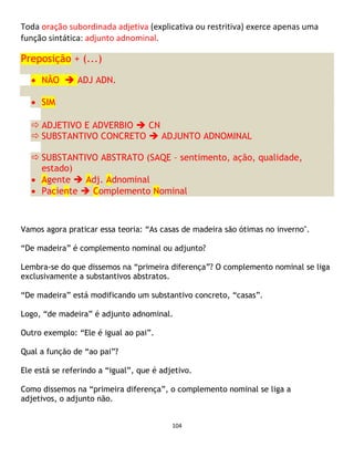 104
Toda oração subordinada adjetiva (explicativa ou restritiva) exerce apenas uma
função sintática: adjunto adnominal.
Preposição + (...)
 NÃO  ADJ ADN.
 SIM
 ADJETIVO E ADVERBIO  CN
 SUBSTANTIVO CONCRETO  ADJUNTO ADNOMINAL
 SUBSTANTIVO ABSTRATO (SAQE – sentimento, ação, qualidade,
estado)
 Agente  Adj. Adnominal
 Paciente  Complemento Nominal
Vamos agora praticar essa teoria: “As casas de madeira são ótimas no inverno".
“De madeira” é complemento nominal ou adjunto?
Lembra-se do que dissemos na “primeira diferença”? O complemento nominal se liga
exclusivamente a substantivos abstratos.
“De madeira” está modificando um substantivo concreto, “casas”.
Logo, “de madeira” é adjunto adnominal.
Outro exemplo: “Ele é igual ao pai”.
Qual a função de “ao pai”?
Ele está se referindo a “igual”, que é adjetivo.
Como dissemos na “primeira diferença”, o complemento nominal se liga a
adjetivos, o adjunto não.
 
