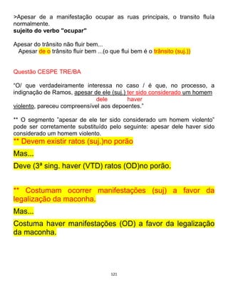 121
>Apesar de a manifestação ocupar as ruas principais, o transito fluía
normalmente.
sujeito do verbo "ocupar"
Apesar do trânsito não fluir bem...
Apesar de o trânsito fluir bem ...(o que flui bem é o trânsito (suj.))
Questão CESPE TRE/BA
“O/ que verdadeiramente interessa no caso / é que, no processo, a
indignação de Ramos, apesar de ele (suj.) ter sido considerado um homem
dele haver
violento, pareceu compreensível aos depoentes.”
** O segmento ”apesar de ele ter sido considerado um homem violento”
pode ser corretamente substituído pelo seguinte: apesar dele haver sido
considerado um homem violento.
** Devem existir ratos (suj.)no porão
Mas...
Deve (3ª sing. haver (VTD) ratos (OD)no porão.
** Costumam ocorrer manifestações (suj) a favor da
legalização da maconha.
Mas...
Costuma haver manifestações (OD) a favor da legalização
da maconha.
 