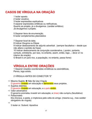 17
CASOS DE VÍRGULA NA ORAÇÃO
1 Isolar aposto.
2 Isolar vocativo.
3 Isolar expressões explicativos
4 separar expressões enfáticas ou retificativas.
Quanto ao projeto, já o divulgamos. (caráter enfático)
Já divulgamos o projeto.
5 Separar itens de enumeração.
6 Isolar complementos pleonástico
7 Separar local de data.
8 Indicar Zeugma ou Elipse
9 Indicar deslocamento de adjunto adverbial . (sempre facultativo – desde que
não altere o sentido da frase)
10 Indicar deslocamento de conjunção coordenativa. ( porém, portanto,
contudo, entretanto, por isso, no entanto, assim, então, logo...- deve vir no
interior de oração)
O Brasil é um país rico, a população, no entanto, passa fome)
VÍRGULA ENTRE ORAÇÕES
1 Separar orações coordenadas sindéticas ou assindéticas,
Penso, logo existo.
2 VÍRGULA ANTES DO CONECTOR “E”
 Mesmo Sujeito  Não Se Usa Vírgula
O governo investe em educação e demonstra seus projetos.
 Sujeitos distintos
O governo investe em educação, e o país evolui.
 Valor adversativo
O governo prometeu investir em educação, e (mas) não cumpriu.(facultativo)
 Polissíndeto
Ela chorava, e pedia, e implorava pela volta do amigo. (mesmo suj., mas caráter
obrigatório de vírgula)

3 Isolar or. Subord. Apositiva
 