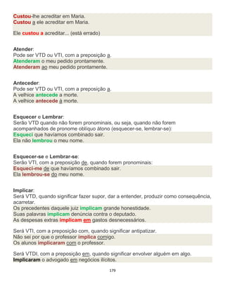 179
Custou-lhe acreditar em Maria.
Custou a ele acreditar em Maria.
Ele custou a acreditar... (está errado)
Atender:
Pode ser VTD ou VTI, com a preposição a.
Atenderam o meu pedido prontamente.
Atenderam ao meu pedido prontamente.
Anteceder:
Pode ser VTD ou VTI, com a preposição a.
A velhice antecede a morte.
A velhice antecede à morte.
Esquecer e Lembrar:
Serão VTD quando não forem pronominais, ou seja, quando não forem
acompanhados de pronome oblíquo átono (esquecer-se, lembrar-se):
Esqueci que havíamos combinado sair.
Ela não lembrou o meu nome.
Esquecer-se e Lembrar-se:
Serão VTI, com a preposição de, quando forem pronominais:
Esqueci-me de que havíamos combinado sair.
Ela lembrou-se do meu nome.
Implicar:
Será VTD, quando significar fazer supor, dar a entender, produzir como consequência,
acarretar.
Os precedentes daquele juiz implicam grande honestidade.
Suas palavras implicam denúncia contra o deputado.
As despesas extras implicam em gastos desnecessários.
Será VTI, com a preposição com, quando significar antipatizar.
Não sei por que o professor implica comigo.
Os alunos implicaram com o professor.
Será VTDI, com a preposição em, quando significar envolver alguém em algo.
Implicaram o advogado em negócios ilícitos.
 