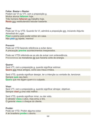 182
Faltar, Bastar e Restar:
Podem ser VI ou VTI, com a preposição a.
Muitos alunos faltaram hoje.
Três homens faltaram ao trabalho hoje.
Resta aos vestibulandos estudar bastante.
Pisar:
Pode ser VI ou VTD. Quando for VI, admitirá a preposição em, iniciando Adjunto
Adverbial de Lugar.
Pisei a grama para poder entrar em casa.
Não pise no tapete, menino!
Prevenir
Pode ser VTD fazendo referência a evitar dano:
A precaução previne acontecimentos inesperados.
Pode ser VTDI referindo-se ao ato de avisar com antecedência.
Prevenimos os moradores de que haveria corte de energia.
Querer:
Será VTI, com a preposição a, quando significar estimar.
Quero aos meus amigos, como aos meus irmãos.
Será VTD, quando significar desejar, ter a intenção ou vontade de, tencionar.
Sempre quis seu bem.
Quero que me digam quem é o culpado.
Visar:
Será VTI, com a preposição a, quando significar almejar, objetivar.
Sempre visei a uma vida melhor.
Será VTD, quando significar mirar, ou dar visto.
O atirador visou o alvo, mas errou o tiro.
O gerente visou o cheque do cliente.
Proibir:
Pode ser VTD. Proibir alguma coisa:
A lei brasileira proíbe o aborto.
 