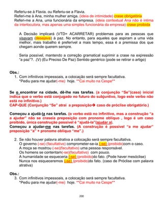 200
Referiu-se à Flavia. ou Referiu-se a Flavia.
Referi-me à Ana, minha mulher amiga. (ideia de intimidade) crase obrigatória
Referi-me a Ana, uma funcionária da empresa. (ideia contextual Ana não é intima
da interlocutora, mas apenas uma simples funcionária da empresa) crase proibida
A Decisão implicará (VTD= ACARRETAR) problemas para as pessoas que
visavam (desejava) à paz. No entanto, para aqueles que aspiram a uma vida
melhor, mais trabalho é preferível a mais tempo, essa é a premissa dos que
chegam aonde querem sempre.
Seria possível, mantendo a correção gramatical suprimir a crase na expressão
“a paz”?. .(V) (Eu Preciso De Paz) Sentido genérico (pode se retirar o artigo)
Obs.:
1. Com infinitivos impessoais, a colocação será sempre facultativa.
*Pediu para me ajudar(-me) hoje. **Cai muito na Cespe**
Se o encontrar na cidade, dê-lhe nas tarefas. (a conjunção “Se”(caso) inicial
indica que o verbo está conjugado no futuro do subjuntivo, logo este verbo não
está no infinitivo.)
CAP-QUE (Conjunção “Se” atrai a preposição caso de próclise obrigatório.)
Começou a ajudá-la nas tarefas. (o verbo está no infinitivo, mas a construção “a
a ajudar” não se craseia preposição com pronome obliquo , logo é um caso
proibido, única construção possível é “ajudá-la”(ajudar a).
Começou a ajudar-me nas tarefas. (A construção é possível “a me ajudar”
preposição “a” + pronome obliquo “me”.)
2. Se não houver palavra atrativa a colocação será sempre facultativa.
O governo (-se) (facultativo) comprometer-se-ia (-se) (proibido)com o caso.
A moça se mostrou (-se)(facultativo) uma pessoa responsável.
Os homens se contentam(-se)(facultativo) com pouco.
A humanidade se esqueceria (-se) (proibido)do fato. (Pode haver mesóclise)
Nunca nos esqueceremos (-se) (proibido)do fato. (caso de Próclise com palavra
atrativa)
Obs.:
3. Com infinitivos impessoais, a colocação será sempre facultativa.
*Pediu para me ajudar(-me) hoje. **Cai muito na Cespe**
 