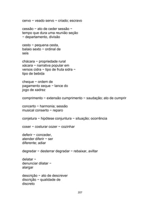 207
cervo − veado servo − criado; escravo
cessão − ato de ceder sessão −
tempo que dura uma reunião seção
− departamento, divisão
cesto − pequena cesta,
balaio sexto − ordinal de
seis
chácara − propriedade rural
xácara − narrativa popular em
versos cidra − tipo de fruta sidra −
tipo de bebida
cheque − ordem de
pagamento xeque − lance do
jogo de xadrez
comprimento − extensão cumprimento − saudação; ato de cumprir
concerto − harmonia; sessão
musical conserto − reparo
conjetura − hipótese conjuntura − situação; ocorrência
coser − costurar cozer − cozinhar
deferir − conceder,
atender diferir − ser
diferente; adiar
degredar − desterrar degradar − rebaixar, aviltar
delatar −
denunciar dilatar −
alargar
descrição − ato de descrever
discrição − qualidade de
discreto
 