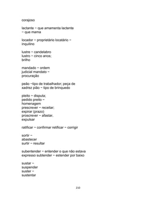 210
corajoso
lactante − que amamenta lactente
− que mama
locador − proprietário locatário −
inquilino
lustre − candelabro
lustro − cinco anos;
brilho
mandado − ordem
judicial mandato −
procuração
peão −tipo de trabalhador; peça de
xadrez pião − tipo de brinquedo
pleito − disputa;
pedido preito −
homenagem
prescrever − receitar;
expirar (prazo)
proscrever − afastar,
expulsar
ratificar − confirmar retificar − corrigir
sortir −
abastecer
surtir − resultar
subentender − entender o que não estava
expresso subtender − estender por baixo
sustar −
suspender
suster −
sustentar
 