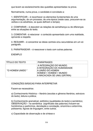 216
que levem ao esclarecimento das questões apresentadas na prova.
Normalmente, numa prova, o candidato é convidado a:
1. IDENTIFICAR – é reconhecer os elementos fundamentais de uma
argumentação, de um processo, de uma época (neste caso, procuram-se os
verbos e os advérbios, os quais definem o tempo).
2. COMPARAR – é descobrir as relações de semelhança ou de diferenças
entre as situações do texto.
3. COMENTAR - é relacionar o conteúdo apresentado com uma realidade,
opinando a respeito.
4. RESUMIR – é concentrar as ideias centrais e/ou secundárias em um só
parágrafo.
5. PARAFRASEAR – é reescrever o texto com outras palavras.
EXEMPLO
TÍTULO DO TEXTO PARÁFRASES
"O HOMEM UNIDO ”
A INTEGRAÇÃO DO MUNDO
A INTEGRAÇÃO DA HUMANIDADE
A UNIÃO DO HOMEM
HOMEM + HOMEM = MUNDO
A MACACADA SE UNIU (SÁTIRA)
CONDIÇÕES BÁSICAS PARA INTERPRETAR
Fazem-se necessários:
a) Conhecimento Histórico – literário (escolas e gêneros literários, estrutura
do texto), leitura e prática;
b) Conhecimento gramatical, estilístico (qualidades do texto) e semântico;
OBSERVAÇÃO – na semântica (significado das palavras) incluem-se:
homônimos e parônimos, denotação e conotação, sinonímia e antonímia,
polissemia, figuras de linguagem, entre outros.
c) Capacidade de observação e de síntese e
 