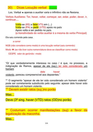 219
30) Dicas Locução verbal ↑ Sumário
Loc. Verbal  apenas o auxiliar varia o infinitivo não se flexiona.
Verbos Auxiliares: Ter, haver, voltar, começar, ser, estar, poder, dever, ir,
continuar,...
Volta-se (IIS) a falar(VTI) em (...)
Volta-se (PA) a pedir (VTD) apoio no país
Apoio volta a ser pedido no país.
(a transitividade do verbo auxiliar é a mesma do verbo Principal)
Ela saiu correndo pela casa.
a correr
NGB (não considera como modo) é uma locução verbal (saiu correndo)
Modo  (se não tiver outra nomenclatura deve-se classificar como modo)
CESPE valor do gerúndio –modo
“O/ que verdadeiramente interessa no caso / é que, no processo, a
indignação de Ramos, apesar de ele (suj.) ter sido considerado um
homem
dele haver
violento, pareceu compreensível aos depoentes.”
** O segmento ”apesar de ele ter sido considerado um homem violento”
pode ser corretamente substituído pelo seguinte: apesar dele haver sido
considerado um homem violento.
** Devem existir ratos (suj.)no porão
Mas...
Deve (3ª sing. haver (VTD) ratos (OD)no porão.
** Costumam ocorrer manifestações (suj) a favor da
legalização da maconha.
Mas...
 