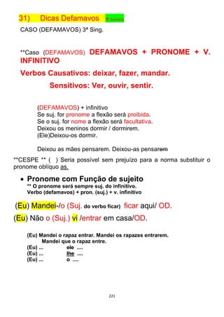 221
31) Dicas Defamavos ↑ Sumário
CASO (DEFAMAVOS) 3ª Sing.
**Caso (DEFAMAVOS) DEFAMAVOS + PRONOME + V.
INFINITIVO
Verbos Causativos: deixar, fazer, mandar.
Sensitivos: Ver, ouvir, sentir.
(DEFAMAVOS) + infinitivo
Se suj. for pronome a flexão será proibida.
Se o suj. for nome a flexão será facultativa.
Deixou os meninos dormir / dormirem.
(Ele)Deixou-os dormir.
Deixou as mães pensarem. Deixou-as pensarem
**CESPE ** ( ) Seria possível sem prejuízo para a norma substituir o
pronome oblíquo as.
 Pronome com Função de sujeito
** O pronome será sempre suj. do infinitivo.
Verbo (defamavos) + pron. (suj.) + v. infinitivo
(Eu) Mandei-/o (Suj. do verbo ficar) ficar aqui/ OD.
(Eu) Não o (Suj.) vi /entrar em casa/OD.
(Eu) Mandei o rapaz entrar. Mandei os rapazes entrarem.
Mandei que o rapaz entre.
(Eu) ... ele ....
(Eu) ... lhe ....
(Eu) ... o ....
 