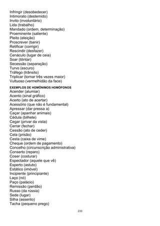 233
Infringir (desobedecer)
Intimorato (destemido)
Invito (involuntário)
Lida (trabalho)
Mandado (ordem, determinação)
Proeminente (saliente)
Pleito (eleição)
Proscrever (banir)
Retificar (corrigir)
Rescindir (desfazer)
Cenáculo (lugar de ceia)
Soar (tilintar)
Secessão (separação)
Turvo (escuro)
Tráfego (trânsito)
Triplicar (tornar três vezes maior)
Vultuoso (vermelhidão da face)
EXEMPLOS DE HOMÔNIMOS HOMÓFONOS
Acender (alumiar)
Acento (sinal gráfico)
Acerto (ato de acertar)
Acessório (que não é fundamental)
Apressar (dar pressa a)
Caçar (apanhar animais)
Cédula (bilhete)
Cegar (privar da vista)
Cerrar (fechar)
Cessão (ato de ceder)
Cela (prisão)
Cesta (caixa de vime)
Cheque (ordem de pagamento)
Concelho (circunscrição administrativa)
Conserto (reparo)
Coser (costurar)
Espectador (aquele que vê)
Esperto (astuto)
Estático (imóvel)
Incipiente (principiante)
Laço (nó)
Paço (palácio)
Remissão (perdão)
Russo (da rússia)
Sede (lugar)
Silha (assento)
Tacha (pequeno prego)
 
