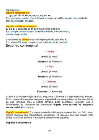 251
Há dois tipos:
dígrafo consonantais:
gu, qu, ch, lh, nh, rr, ss, sc, sç, xc, xs.
Ex.: guerreiro, queda, chave, lhama, nhoque, arrastão, assado, descendente,
cresça, excitado, exsudar.
dígrafo vocálicos ou nasais:
a, e, i, o, u seguidos de m ou n na mesma sílaba (!)
Ex.: campo, anta/empresa, entrada/imbatível, caindo/ombro,
onda/umbigo, untar.
Chamamos de dífono o som KS representado pela letra X.
Ex.: tóxico (tóksico), complexo (complekso), tórax (tóraks)...
Encontro consonantal
1 - Folha:
Letras: (5 letras)
Fonemas: (4 fonemas)
2 - Táxi:
Letras: (4 letras)
Fonemas: (5 fonemas)
3 - Cheque:
Letras: (6 letras)
Fonemas: ( 4 fonemas)
A letra é a representação gráfica, enquanto o fonema é a representação sonora.
Como demonstrado pelos exemplos, é possível que uma palavra tenha mais letras
do que fonemas, mas o oposto também pode acontecer. Entender isso é
fundamental no momento de diferenciar dígrafo consonantal de encontro
consonantal. Acompanhe:
Dígrafo consonantal: É a presença de duas letras que representam um único som.
Alguns dígrafos são inseparáveis, entretanto, há aqueles que não devem ficar
juntos na divisão silábica. Veja alguns exemplos de dígrafos:
Dígrafos Consonantais
 