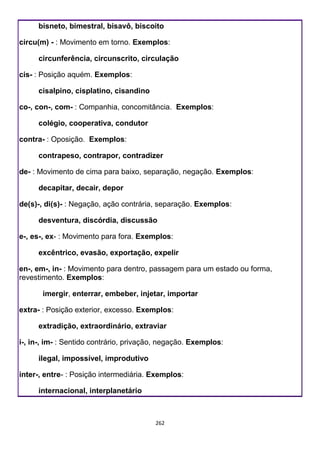 262
bisneto, bimestral, bisavô, biscoito
circu(m) - : Movimento em torno. Exemplos:
circunferência, circunscrito, circulação
cis- : Posição aquém. Exemplos:
cisalpino, cisplatino, cisandino
co-, con-, com- : Companhia, concomitância. Exemplos:
colégio, cooperativa, condutor
contra- : Oposição. Exemplos:
contrapeso, contrapor, contradizer
de- : Movimento de cima para baixo, separação, negação. Exemplos:
decapitar, decair, depor
de(s)-, di(s)- : Negação, ação contrária, separação. Exemplos:
desventura, discórdia, discussão
e-, es-, ex- : Movimento para fora. Exemplos:
excêntrico, evasão, exportação, expelir
en-, em-, in- : Movimento para dentro, passagem para um estado ou forma,
revestimento. Exemplos:
imergir, enterrar, embeber, injetar, importar
extra- : Posição exterior, excesso. Exemplos:
extradição, extraordinário, extraviar
i-, in-, im- : Sentido contrário, privação, negação. Exemplos:
ilegal, impossível, improdutivo
inter-, entre- : Posição intermediária. Exemplos:
internacional, interplanetário
 