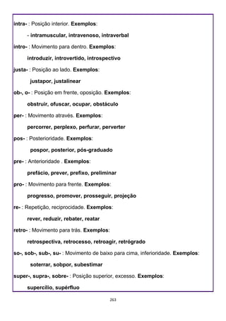 263
intra- : Posição interior. Exemplos:
- intramuscular, intravenoso, intraverbal
intro- : Movimento para dentro. Exemplos:
introduzir, introvertido, introspectivo
justa- : Posição ao lado. Exemplos:
justapor, justalinear
ob-, o- : Posição em frente, oposição. Exemplos:
obstruir, ofuscar, ocupar, obstáculo
per- : Movimento através. Exemplos:
percorrer, perplexo, perfurar, perverter
pos- : Posterioridade. Exemplos:
pospor, posterior, pós-graduado
pre- : Anterioridade . Exemplos:
prefácio, prever, prefixo, preliminar
pro- : Movimento para frente. Exemplos:
progresso, promover, prosseguir, projeção
re- : Repetição, reciprocidade. Exemplos:
rever, reduzir, rebater, reatar
retro- : Movimento para trás. Exemplos:
retrospectiva, retrocesso, retroagir, retrógrado
so-, sob-, sub-, su- : Movimento de baixo para cima, inferioridade. Exemplos:
soterrar, sobpor, subestimar
super-, supra-, sobre- : Posição superior, excesso. Exemplos:
supercílio, supérfluo
 
