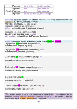289
3ª pessoa se, o, a, lhe si, ele, consigo
Plural
1ª pessoa nos nós, conosco
2ª pessoa vos vós, convosco
3ª pessoa se, os, as, lhes si, eles, consigo
Pronomes oblíquos podem ser átonos, quando não estão acompanhados por
preposição ou tônicos, em caso contrário.
A torcida o amaldiçoou por todo o jogo.
Indaguei-lhe sobre o gol mal anulado.
[o, lhe = oblíquo átono da 3ª pessoa do singular]
Indaguei a ele sobre o gol mal anulado.
Os árbitros carregarão a culpa consigo.
[ele, consigo = oblíquo tônico da 3ª pessoa do singular]
Pronomes oblíquos podem exercer função de objeto direto ou indireto.
Os jogadores nos respeitam. (respeitam-nos)
[quem respeita, respeita alguém.]
Os jogadores nos obedecem. (obedecem a nós)
[quem obedece, obedece a alguém]
O adversário me atingiu com força. (atingiu-me)
[quem atinge, atinge algo ou alguém]
O adversário me visou na jogada. (visou a mim)
[quem visa(procura), visa a alguma coisa]
O goleiro machucou-se.
[quem machuca, machuca alguém]
O goleiro impôs-se uma dieta rígida. (impôs a si)
[quem impõe, impõe algo a alguém]
OBS: A combinação entre alguns pronome e a preposição com originou as formas
especiais comigo, contigo, consigo, conosco e convosco, as quais costumam
exercer função de adjunto adverbial de companhia.
 