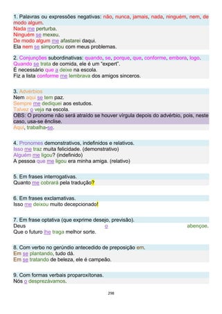 298
1. Palavras ou expressões negativas: não, nunca, jamais, nada, ninguém, nem, de
modo algum.
Nada me perturba.
Ninguém se mexeu.
De modo algum me afastarei daqui.
Ela nem se simportou com meus problemas.
2. Conjunções subordinativas: quando, se, porque, que, conforme, embora, logo.
Quando se trata de comida, ele é um “expert”.
É necessário que a deixe na escola.
Fiz a lista conforme me lembrava dos amigos sinceros.
3. Advérbios
Nem aqui se tem paz.
Sempre me dediquei aos estudos.
Talvez o veja na escola.
OBS: O pronome não será atraído se houver vírgula depois do advérbio, pois, neste
caso, usa-se ênclise.
Aqui, trabalha-se.
4. Pronomes demonstrativos, indefinidos e relativos.
Isso me traz muita felicidade. (demonstrativo)
Alguém me ligou? (indefinido)
A pessoa que me ligou era minha amiga. (relativo)
5. Em frases interrogativas.
Quanto me cobrará pela tradução?
6. Em frases exclamativas.
Isso me deixou muito decepcionado!
7. Em frase optativa (que exprime desejo, previsão).
Deus o abençoe.
Que o futuro lhe traga melhor sorte.
8. Com verbo no gerúndio antecedido de preposição em.
Em se plantando, tudo dá.
Em se tratando de beleza, ele é campeão.
9. Com formas verbais proparoxítonas.
Nós o desprezávamos.
 
