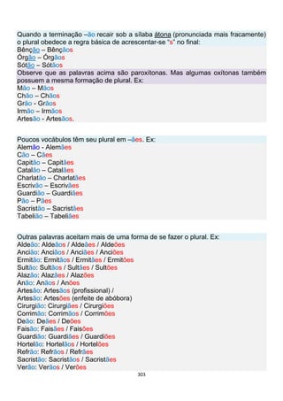 303
Quando a terminação –ão recair sob a sílaba átona (pronunciada mais fracamente)
o plural obedece a regra básica de acrescentar-se “s” no final:
Bênção – Bênçãos
Órgão – Órgãos
Sótão – Sótãos
Observe que as palavras acima são paroxítonas. Mas algumas oxítonas também
possuem a mesma formação de plural. Ex:
Mão – Mãos
Chão – Chãos
Grão - Grãos
Irmão – Irmãos
Artesão - Artesãos.
Poucos vocábulos têm seu plural em –ães. Ex:
Alemão - Alemães
Cão – Cães
Capitão – Capitães
Catalão – Catalães
Charlatão – Charlatães
Escrivão – Escrivães
Guardião – Guardiães
Pão – Pães
Sacristão – Sacristães
Tabelião – Tabeliães
Outras palavras aceitam mais de uma forma de se fazer o plural. Ex:
Aldeão: Aldeãos / Aldeães / Aldeões
Ancião: Anciãos / Anciães / Anciões
Ermitão: Ermitãos / Ermitães / Ermitões
Sultão: Sultãos / Sultães / Sultões
Alazão: Alazães / Alazões
Anão: Anãos / Anões
Artesão: Artesãos (profissional) /
Artesão: Artesões (enfeite de abóbora)
Cirurgião: Cirurgiães / Cirurgiões
Corrimão: Corrimãos / Corrimões
Deão: Deães / Deões
Faisão: Faisães / Faisões
Guardião: Guardiães / Guardiões
Hortelão: Hortelãos / Hortelões
Refrão: Refrãos / Refrães
Sacristão: Sacristãos / Sacristães
Verão: Verãos / Verões
 