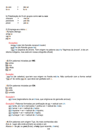 328
laxare > deixar
luxu > luxo
b) Palatização do S em grupos como ssi ou sce:
miscere > mexer
passione > paixão
pisce > peixe
2) Emprega-se a letra x:
x1) Após ditongo:
ameixa
caixa
peixe
Exceções:
recauchutar (do francês recaoutchouter)
guache (do francês gouache)
caucho (espécie de árvore. Tem origem na palavra cauchu "lágrimas da árvore", é de um
idioma indígena, mas está em nossa ortografia oficial)
x2) Em palavras iniciadas por ME:
Mexerica
México
Mexilhão
Mexer
Exceção:
mecha (de cabelos), que tem sua origem no fracês mèche. Não confundir com a forma verbal
"mexa" do verbo mexer, que deve ser grafada com x.
X3) Em palavras iniciadas por EN:
Enxada
Enxerto
Enxurrada
Exceção1:
enchova (regionalismo de anchova, que origina-se do genovês anciua);
Exceção2: Palavras formadas por prefixação de en + radical com ch:
enchente, encher e derivados = prefixo en + radical de cheio;
encharcar = en + radical de charco;
enchiqueirar = en + radical de chiqueiro;
enchapelar = en + radical de chapéu;
enchumaçar = en + radical de chumaço
x4) Em palavras com origem Tupi. As mais conhecidas são:
Araxá - lugar alto onde primeiro se avista o sol.
Abacaxi - de yá, ou ywa (fruta), e katy (que recende, cheira);
 