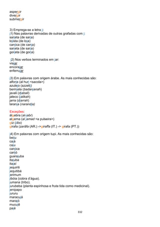 332
aspergir
divergir
submergir
3) Emprega-se a letra j:
j1) Nas palavras derivadas de outras grafadas com j:
sarjeta (de sarja)
lojista (de loja)
canjica (de canja)
sarjeta (de sarja)
gorjeta (de gorja)
j2) Nos verbos terminados em jar:
viajar
encorajar
enferrujar
j3) Em palavras com origem árabe. As mais conhecidas são:
alforje (al hurj <sacola>)
azulejo (azzelij)
berinjela (badanjanah)
javali (djabali)
jaleco (jalikah)
jarra (djarrah)
laranja (narandja)
Exceções:
álgebra (al-jabr)
algema (al jamad <a pulseira>)
giz (jibs)
girafa (zarâfa (AR.) ->giraffa (IT.) -> girafa (PT.))
j4) Em palavras com origem tupi. As mais conhecidas são:
beiju
cajá
caju
canjica
carijó
guarajuba
itajuba
itajaí
jequiriti
jequitibá
jerimum
jibóia (cobra d’água).
jumana (tribo).
jurubeba (planta espinhosa e fruta tida como medicinal).
jenipapo
jururu
maracujá
marajó
mucujê
pajé
 
