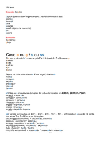 333
Ubirajara
Exceção: Sergipe
J5) Em palavras com origem africana. As mais conhecidas são:
acarajé
Iemanjá
jabá
jagunço
jererê (cigarro de maconha)
jiló
jurema
Exceções:
bugiganga
ginga
Caso c ou ç / s ou ss
O c tem o valor de /s/ com as vogais E e I. Antes de A, O e U usa-se ç.
acetato
ácido
açafrão
aço
açúcar
Depois de consoante usa-se s. Entre vogais, usa-se ss:
manso
concurso
expulso
prosseguir
girassol
pessoa
s1) Usa-se s em palavras derivadas de verbos terminados em ERGIR, CORRER, PELIR:
aspergir = aspersão
compelir = compulsório
concorrer = concurso
discorrer = discurso
expelir = expulsão, expulso
imergir = imersão
impelir = impulsão, impulso
s2) Verbos terminados em DAR – DER – DIR – TER – TIR – MIR recebem s quando há perda
das letras “D – T – M”em suas derivações:
circuncidar (circumcidere) = circuncisão, circunciso
ascender (ascendere) = ascensão
suceder (succedere) = sucessão / sucesso
expandir (expandere) = expansão / expansível
iludir (illudere) = ilusão / ilusório
progredir (progredere) = progressão / progressivo / progresso
 