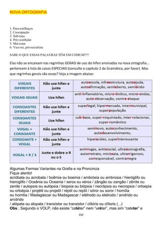 350
NOVA ORTOGRAFIA
1. Para-estilhaços
2. Coocupação
3. Sub-raça
4. Pré-vestibular
5. Mal-estar
6. Vice-rei, pró-socialista
SABE O QUE ESSAS PALAVRAS TÊM EM COMUM???
Elas não se encaixam nas regrinhas GERAIS de uso do hífen ensinadas na nova ortografia...
pertencem à lista de casos ESPECIAIS (consulte o capítulo 2 da Gramática, por favor). Mas
que regrinhas gerais são essas? Veja a imagem abaixo:
Algumas Formas Variantes na Grafia e na Pronúncia
Fique atento!
acróbata ou acrobata / boêmia ou boemia / ambrósia ou ambrosia / hieróglifo ou
hieroglifo / Oceânia ou Oceania / xerox ou xérox / zângão ou zangão / zênite ou
zenite / autopsia ou autópsia / biopsia ou biópsia / necrópsia ou necropsia / ortoepia
ou ortoépia / projétil ou projetil / réptil ou reptil / sóror ou soror / homília
ou homilia / Madagáscar ou Madagascar / elétrodo ou eletrodo / anidrido ou
anídrido
/ alópata ou alopata / transístor ou transistor / clitóris ou clítoris (...)
Obs.: Segundo o VOLP, não existe “catéter” nem “uréter”, mas sim “cateter” e
 