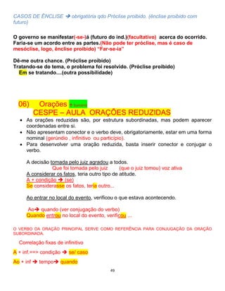 49
CASOS DE ÊNCLISE  obrigatória qdo Próclise proibido. (ênclise proibido com
futuro)
O governo se manifestar(-se-)á (futuro do ind.)(facultativo) acerca do ocorrido.
Faria-se um acordo entre as partes.(Não pode ter próclise, mas é caso de
mesóclise, logo, ênclise proibido) “Far-se-ia”
Dê-me outra chance. (Próclise proibido)
Tratando-se do tema, o problema foi resolvido. (Próclise proibido)
Em se tratando....(outra possibilidade)
06) Orações ↑ Sumário
CESPE – AULA ORAÇÕES REDUZIDAS
 As orações reduzidas são, por estrutura subordinadas, mas podem aparecer
coordenadas entre si.
 Não apresentam conector e o verbo deve, obrigatoriamente, estar em uma forma
nominal (gerúndio , infinitivo ou particípio).
 Para desenvolver uma oração reduzida, basta inserir conector e conjugar o
verbo.
A decisão tomada pelo juiz agradou a todos.
Que foi tomada pelo juiz (que o juiz tomou) voz ativa
A considerar os fatos, teria outro tipo de atitude.
A + condição  (se)
Se considerasse os fatos, teria outro...
Ao entrar no local do evento, verificou o que estava acontecendo.
Ao quando (ver conjugação do verbo)
Quando entrou no local do evento, verificou ...
O VERBO DA ORAÇÃO PRINCIPAL SERVE COMO REFERÊNCIA PARA CONJUGAÇÃO DA ORAÇÃO
SUBORDINADA.
Correlação fixas de infinitivo
A + inf.==> condição  se/ caso
Ao + inf  tempo quando
 