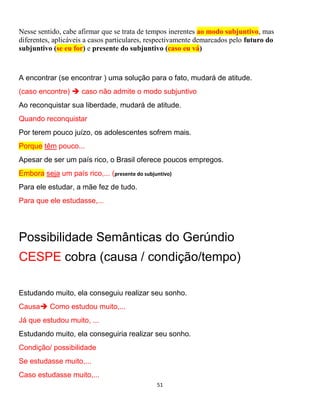 51
Nesse sentido, cabe afirmar que se trata de tempos inerentes ao modo subjuntivo, mas
diferentes, aplicáveis a casos particulares, respectivamente demarcados pelo futuro do
subjuntivo (se eu for) e presente do subjuntivo (caso eu vá)
A encontrar (se encontrar ) uma solução para o fato, mudará de atitude.
(caso encontre)  caso não admite o modo subjuntivo
Ao reconquistar sua liberdade, mudará de atitude.
Quando reconquistar
Por terem pouco juízo, os adolescentes sofrem mais.
Porque têm pouco...
Apesar de ser um país rico, o Brasil oferece poucos empregos.
Embora seja um país rico,... (presente do subjuntivo)
Para ele estudar, a mãe fez de tudo.
Para que ele estudasse,...
Possibilidade Semânticas do Gerúndio
CESPE cobra (causa / condição/tempo)
Estudando muito, ela conseguiu realizar seu sonho.
Causa Como estudou muito,...
Já que estudou muito, ...
Estudando muito, ela conseguiria realizar seu sonho.
Condição/ possibilidade
Se estudasse muito,...
Caso estudasse muito,...
 
