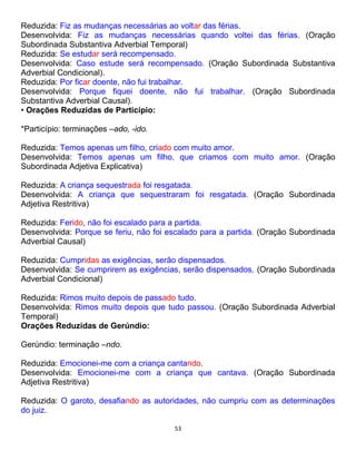 53
Reduzida: Fiz as mudanças necessárias ao voltar das férias.
Desenvolvida: Fiz as mudanças necessárias quando voltei das férias. (Oração
Subordinada Substantiva Adverbial Temporal)
Reduzida: Se estudar será recompensado.
Desenvolvida: Caso estude será recompensado. (Oração Subordinada Substantiva
Adverbial Condicional).
Reduzida: Por ficar doente, não fui trabalhar.
Desenvolvida: Porque fiquei doente, não fui trabalhar. (Oração Subordinada
Substantiva Adverbial Causal).
• Orações Reduzidas de Particípio:
*Particípio: terminações –ado, -ido.
Reduzida: Temos apenas um filho, criado com muito amor.
Desenvolvida: Temos apenas um filho, que criamos com muito amor. (Oração
Subordinada Adjetiva Explicativa)
Reduzida: A criança sequestrada foi resgatada.
Desenvolvida: A criança que sequestraram foi resgatada. (Oração Subordinada
Adjetiva Restritiva)
Reduzida: Ferido, não foi escalado para a partida.
Desenvolvida: Porque se feriu, não foi escalado para a partida. (Oração Subordinada
Adverbial Causal)
Reduzida: Cumpridas as exigências, serão dispensados.
Desenvolvida: Se cumprirem as exigências, serão dispensados. (Oração Subordinada
Adverbial Condicional)
Reduzida: Rimos muito depois de passado tudo.
Desenvolvida: Rimos muito depois que tudo passou. (Oração Subordinada Adverbial
Temporal)
Orações Reduzidas de Gerúndio:
Gerúndio: terminação –ndo.
Reduzida: Emocionei-me com a criança cantando.
Desenvolvida: Emocionei-me com a criança que cantava. (Oração Subordinada
Adjetiva Restritiva)
Reduzida: O garoto, desafiando as autoridades, não cumpriu com as determinações
do juiz.
 