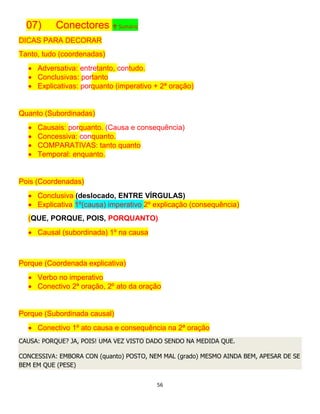 56
07) Conectores ↑ Sumário
DICAS PARA DECORAR
Tanto, tudo (coordenadas)
 Adversativa: entretanto, contudo.
 Conclusivas: portanto
 Explicativas: porquanto (imperativo + 2ª oração)
Quanto (Subordinadas)
 Causais: porquanto. (Causa e consequência)
 Concessiva: conquanto.
 COMPARATIVAS: tanto quanto
 Temporal: enquanto.
Pois (Coordenadas)
 Conclusiva (deslocado, ENTRE VÍRGULAS)
 Explicativa 1º(causa) imperativo 2º explicação (consequência)
(QUE, PORQUE, POIS, PORQUANTO)
 Causal (subordinada) 1º na causa
Porque (Coordenada explicativa)
 Verbo no imperativo
 Conectivo 2ª oração, 2º ato da oração
Porque (Subordinada causal)
 Conectivo 1º ato causa e consequência na 2ª oração
CAUSA: PORQUE? JA, POIS! UMA VEZ VISTO DADO SENDO NA MEDIDA QUE.
CONCESSIVA: EMBORA CON (quanto) POSTO, NEM MAL (grado) MESMO AINDA BEM, APESAR DE SE
BEM EM QUE (PESE)
 