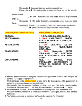 74
Conjunção deslocar fazendo ajustes necessárias
Frase inteira  não pode mudar a ordem da frase por perder sentido
Subordinada
, . Ou ; Subordinada não pode orações dependentes
entre si.
Conjunção  não pode deslocar a conjunção só no início de cada
frase.
Frase inteira  não pode mudar a ordem da frase por perder sentido
,  pode retirar o verbo (nos casos facultativos)
CONJUNÇÃO COORDENATIVAS PRINCIPAIS CONJUNÇÕES
ADITIVAS 1 E, NEM, NÃO SÓ...MAS TAMBÉM
ADVERSATIVAS 2 MAS, ENTRETANTO, PORÉM,
CONTUDO, TODAVIA, E (=MAS), NO
ENTANTO
ALTERNATIVAS 3 OU, ORA...ORA, OU...OU,
NEM...NEM, QUER...QUER,
SEJA...SEJA
CONCLUSIVAS 4 POIS (deslocado, ENTRE
VÍRGULAS), LOGO, PORTANTO,
POR CONSEGUINTE, POR ISSO,
ASSIM
EXPLICATIVAS QUE, 5 PORQUE, POIS,
PORQUANTO (GERALMENTE O
VERBO DA PRIMEIRA ESTÁ NO
IMPERATIVO)
1- Mesmo sem conector as orações coordenadas guardam entre si uma relação de
sentido (oposição ou conclusão)
Os brasileiros estão acostumados a toda sorte de desrespeito. Não questionam o
governo e nem questionam os seus direitos
No entanto (fica incoerente, embora bonita) / por isso (por estar acostumados,
conclui-se, não questiona) ** ver relação coesiva verbo, antônimo  oposição
2- Os conectores “e, mas”, ocasionalmente são empregados fora do sentido real.
Os governantes prometem e (mas) não cumpres. (oposição, fora do seu sentido
habitual )
3- “ou” ocasionalmente o conector “ou” pode ter valor de “e” (inclusão)
 