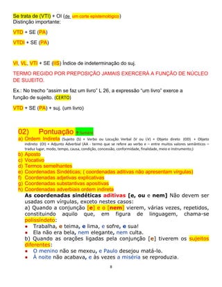 8
Se trata de (VTI) + OI (de um corte epistemológico)
Distinção importante:
VTD + SE (PA)
VTDI + SE (PA)
VI, VL, VTI + SE (IIS) Índice de indeterminação do suj.
TERMO REGIDO POR PREPOSIÇÃO JAMAIS EXERCERÁ A FUNÇÃO DE NÚCLEO
DE SUJEITO.
Ex.: No trecho “assim se faz um livro” L 26, a expressão “um livro” exerce a
função de sujeito. (CERTO)
VTD + SE (PA) + suj. (um livro)
02) Pontuação ↑ Sumário
a) Ordem Indireta (Sujeito (S) + Verbo ou Locução Verbal (V ou LV) + Objeto direto (OD) + Objeto
indireto (OI) + Adjunto Adverbial (AA - termo que se refere ao verbo e – entre muitos valores semânticos –
traduz lugar, modo, tempo, causa, condição, concessão, conformidade, finalidade, meio e instrumento;)
b) Aposto
c) Vocativo
d) Termos semelhantes
e) Coordenadas Sindéticas; ( coordenadas aditivas não apresentam vírgulas)
f) Coordenadas adjetivas explicativas
g) Coordenadas substantivas apositivas
h) Coordenadas adverbiais ordem indireta
As coordenadas sindéticas aditivas [e, ou e nem] Não devem ser
usadas com vírgulas, exceto nestes casos:
a) Quando a conjunção [e] e o [nem] vierem, várias vezes, repetidos,
constituindo aquilo que, em figura de linguagem, chama-se
polissíndeto:
● Trabalha, e teima, e lima, e sofre, e sua!
● Ela não era bela, nem elegante, nem culta.
b) Quando as orações ligadas pela conjunção [e] tiverem os sujeitos
diferentes:
● O menino não se mexeu, e Paulo desejou matá-lo.
● À noite não acabava, e às vezes a miséria se reproduzia.
 