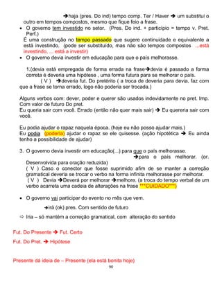 90
haja (pres. Do ind) tempo comp. Ter / Haver  um substitui o
outro em tempos compostos, mesmo que fique feio a frase.
 O governo tem investido no setor. (Pres. Do ind. + particípio = tempo v. Pret.
Perf.)
É uma construção no tempo passado que sugere continuidade e equivalente a
está investindo. (pode ser substituído, mas não são tempos compostos ...está
investindo, ... está a investir)
 O governo devia investir em educação para que o país melhorasse.
1.(devia está empregada de forma errada na frasedevia é passado a forma
correta é deveria uma hipótese , uma forma futura para se melhorar o país.
( V ) deveria fut. Do pretérito ( a troca de deveria para devia, faz com
que a frase se torna errado, logo não poderia ser trocada.)
Alguns verbos com: dever, poder e querer são usados indevidamente no pret. Imp.
Com valor de futuro Do pret.
Eu queria sair com você. Errado (então não quer mais sair)  Eu quereria sair com
você.
Eu podia ajudar o rapaz naquela época. (hoje eu não posso ajudar mais.)
Eu podia (poderia) ajudar o rapaz se ele quisesse. (ação hipotética  Eu ainda
tenho a possibilidade de ajudar)
3. O governo devia investir em educação(...) para que o país melhorasse.
para o país melhorar. (or.
Desenvolvida para oração reduzida)
( V ) Caso o conector que fosse suprimido afim de se manter a correção
gramatical deveria se trocar o verbo na forma infinita melhorasse por melhorar.
( V ) Devia Deverá por melhorar melhore. (a troca do tempo verbal de um
verbo acarreta uma cadeia de alterações na frase ***CUIDADO***)
 O governo vai participar do evento no mês que vem.
irá (ok) pres. Com sentido de futuro
 Iria – só mantém a correção gramatical, com alteração do sentido
Fut. Do Presente  Fut. Certo
Fut. Do Pret.  Hipótese
Presente dá ideia de – Presente (ela está bonita hoje)
 