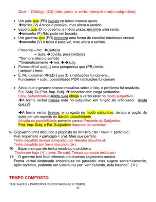 92
Que = CIntegr. (CI) (não pode, o verbo sempre modo subjuntivo)
 Um país que (PR) investe no futuro merece apoio.
invista (V) A troca é possível, mas altera o sentido.
 Espero que (CI) o governo, a médio prazo, encontre uma saída.
encontra (F) Não pode ser trocado.
 Um governo que (PR) encontra uma forma de conciliar interesses cresce
encontre (V) A troca é possível, mas altera o sentido.
Presente – Ind. Certeza
-- Subj. dúvida, possibilidades
**Sempre altera o sentido
**Gramaticalmente  ind. subj.
 Parece difícil que(...) uma perspectiva que (PR) limite.
Limite=> Limita
 É (VL) possível (PRED.) que (CI) instituições funcionem...
Funcionem = subj.. possibilidade POR instituições funcionam
 Ainda que o governo tivesse ressalvas sobre o fato, o problema foi resolvido.
Fut. Subj. Ou Pret. Imp. Subj.  conector com carga semântica.
Conj. Subordinativa(Ainda que) obriga o verbo estar no modo subjuntivo.
A forma verbal tivesse está no subjuntivo em função do articulador Ainda
que.(V)
A forma verbal tivesse, empregada no modo subjuntivo, denota a opção do
autor por um aspecto de dúvida, possibilidade
(dúvida ou possibilidade somente para o Presente do Subjuntivo
Pret. Imp. Subj. e Fut. Subjuntivo depende do conector)
9- O governo tinha discutido a proposta do ministro.( ter / haver + particípio)
Pret. Imperfeito + particípio = pret. Mais que perfeito
Tinha discutido (tempo composto) por discutiu discutira ok
Tinha discutido por havia discutido (ok)
10- Espera-se que ele tenha resolvido o problema
Tenha por haja ( V ) (pres. Do subj. Tempo composto ter/haver)
11- O governo tem feito reformas em diversos segmentos sociais.
Forma verbal destacada encontra-se no passado, mas sugere semanticamente,
ação contínua, podendo ser substituída por “vem fazendo, está fazendo”. ( V )
TEMPO COMPOSTO
TER / HAVER + PARTICÍPIO RESPEITANDO-SE O TEMPO
 