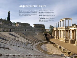 Arquitectura: el teatro
En él se representaban obras
de teatro griegas y romanas.
Eran edificios completos de
planta semicircular.
Estos edificios poseían:
Scena (donde están los
actores)
Proscenio (delante de la
escena)
Orchestra (para el coro)
Cávea (donde están los
espectadores)
Teatro de Mérida. España
 